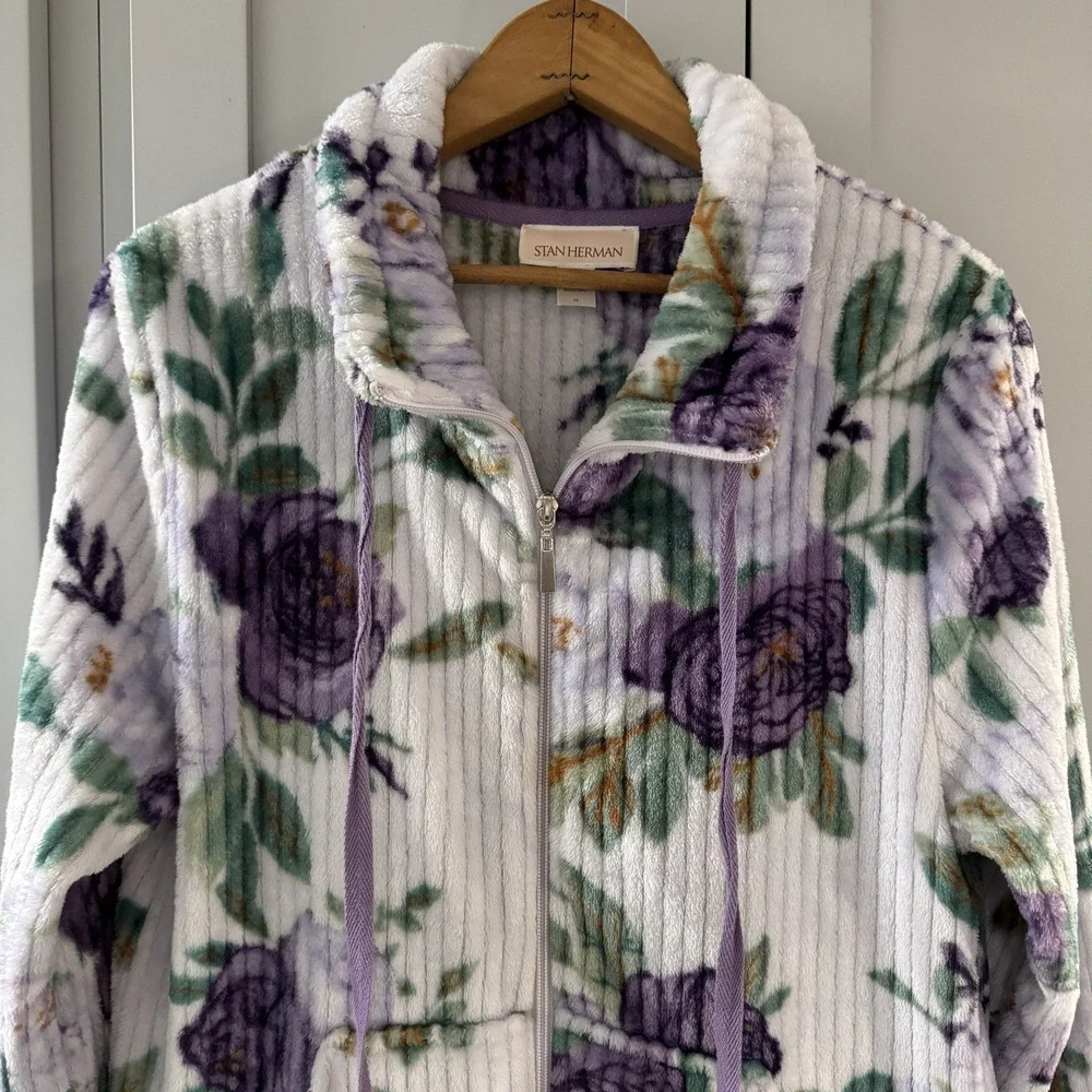 Stan Herman Plush Purple Floral Full Zip Robe House Dress XS Tradwife Loungewear